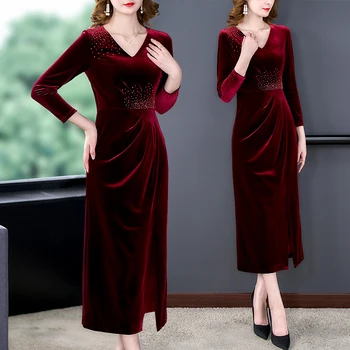 2023, есенно-зимния ново вино-червено канареечное рокля, женски първокласен темперамент, празнична сватбена рокля, модерни рокля