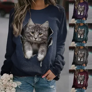 2023 Женски Есенно-зимния Пуловер с домашен любимец принтом, Пуловер с кръгло деколте, Свободна ежедневни тениска с дълъг ръкав XS-8XL