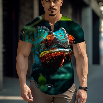 2023 Нова ежедневна мода мъжка тениска с къс ръкав Хамелеон, 3D печат, офис тениска за партита, мъжки блузи големи размери