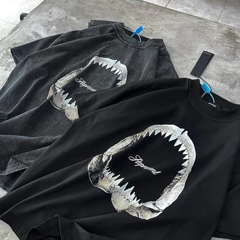 23ss нова тениска Shark Jaws с принтом на зъбите на акула, на главната улица, реколта тениска на по-високо качество от 100% памук, за мъже и жени, свободна тениска с къс ръкав