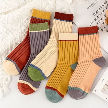 5 Двойки Женски чорапи в рубчик ярки цветове, Есенно-зимни чорапи в стил Харадзюку, женски, абсорбиращи потта, дишащи, Sokken, Подарък за момичета