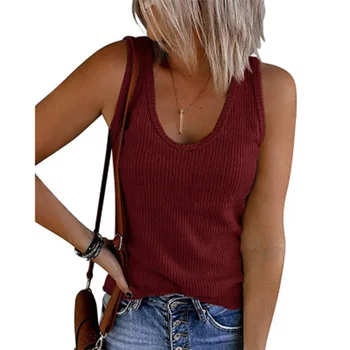 Amazon ebay/ пролетно-летни нови дамски жилетки с U-образно деколте, без ръкави, трикотажный случайни жилетка в рубчик, тениска в бял цвят