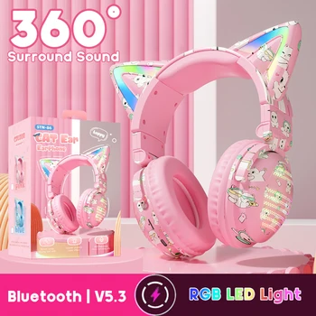 Bluetooth-слушалки с led подсветка, слушалки с кошачьими уши, подаръци за момичета, слушалки с HD-микрофон, Детска слушалки, сигнални лампи с кутия