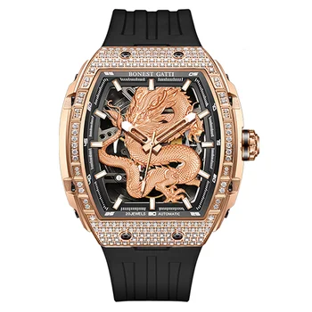 BONEST GATTI Мъжки автоматичен часовник Лукс, механични 50-метрови ръчен часовник, Водоустойчив Сапфировые флуоресцентни фторопластовые часовник с циферблат на Дракона