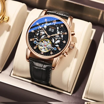 ORKINA Луксозни Маркови мъжки часовник Skeleton, Водоустойчиви Мъжки механичен часовник с кожена каишка, Автоматично ръчни часовници За подарък на мъж