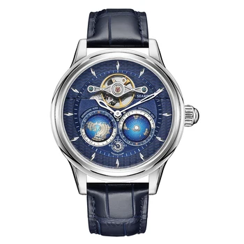 Автоматични механични ръчни часовници SEAkOSS Tourbillon Flywheel, луксозни мъжки часовник със световния времето в Северното и Южното полукълбо