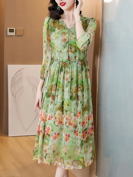 Бохо-Зелена коприна рокля с цветен модел, Красива рокля с V-образно деколте и накъдрен, 2023, Дамски Елегантни широки дрехи за бала, Летни Корейски ежедневни рокли за партита