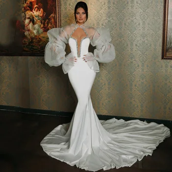 Винтажное сватбена рокля на Русалка с дълъг ръкав, расшитое перли и диаманти, сватбени рокли, секси V-образно деколте, дължина до пода, струята на поръчка