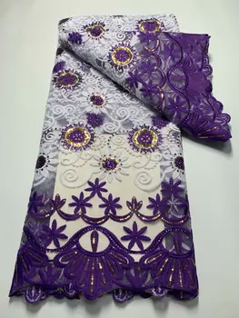 Виолетово-бяла африканска лейси плат с 3D искри; висок клас френска тюлевая лейси плат; Нигерийски завързана материал; сватбена рокля 5 ярда