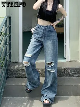 Градинска облекло Y2K, женски Реколта широки Свободни дънки за жени, Дънки, в ивица, Скъсани широки панталони, дамски панталони, с директни отвори