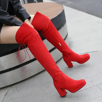 Дамски ботуши над коляното от Флока червено телесен цвят, по-Големи Размери 47 48, на платформа и висок масивна ток, Стрейчевые ботуши над коляното, Зимни дамски