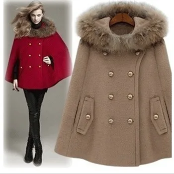 Дамски дебела топло есенно-зимни нова мода, дъждобран с кожа яка, палто, Шал, палто, вълнена