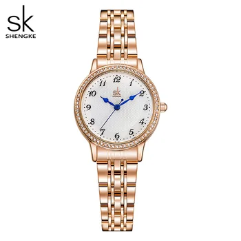 Дамски часовници на швейцарската марка Shengke от Неръждаема Стомана, с Розово Злато, Прости водоустойчив светещи дамски часовници, Луксозни Кристални Елегантни Часовници