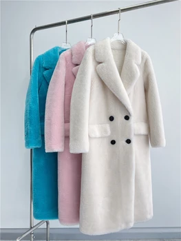Двубортное Палто с Отложным яка от 100% вълна, Дамски Корейската Мода Дебела Дълго Зимно яке 2023