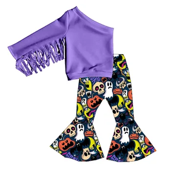 Детски разкроена панталони с пискюли и дълги ръкави за момичета в бутика на Хелоуин, комплект от 2 теми с принтом главата на бик