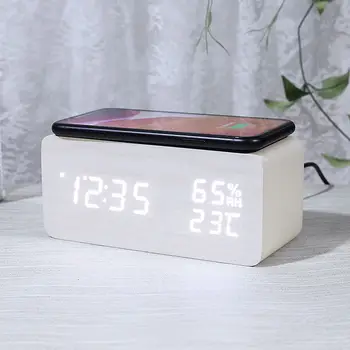 Дигитален будилник С безжична зареждане, домашни led Малки Нощни часовник с дисплей на температурата и влажността на въздуха, дървени часовници