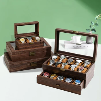 Дървена Кутия за Часовници кафяв цвят, домашна Витрина за Часовници със Стъклен Капак, Подарък за вашите близки, Органайзер За Часа