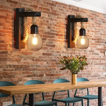 Дървена лампа в стил ретро кафене, коридор в индустриален стил, декоративна лампа, ресторант, бар, творчески американски кънтри, с монтиран на стената лампа