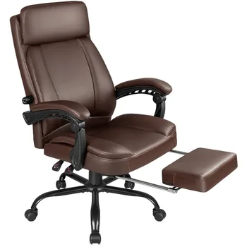 Ергономичен Офис стол за мениджъри от изкуствена кожа Lacoo с висока облегалка и Поставка за краката, Кафяви фотьойл на колела, удобен стол