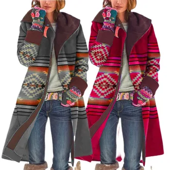 Есенно-зимно яке за жени, топли вълнени палта, Реколта ежедневни дамски връхни дрехи с дълъг ръкав и цветна принтом
