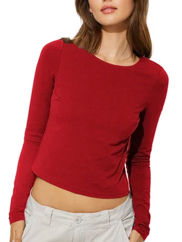 Женска тениска Y2k с отворен гръб, регулируема дебнещ съкратен върхове с кръгло деколте и дълъг ръкав, тениски с отворен гръб, клубна облекло