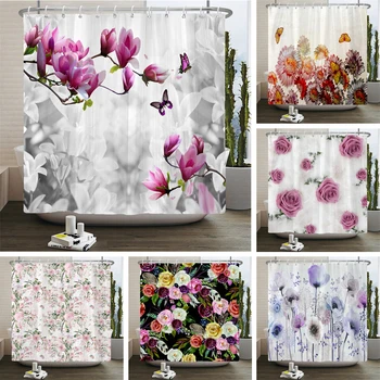 Завеса за душ с красиви цветя, Водоустойчив завеса от полиестер с плетене на една кука, Декоративна Завеса за баня, 3D завеси за душ