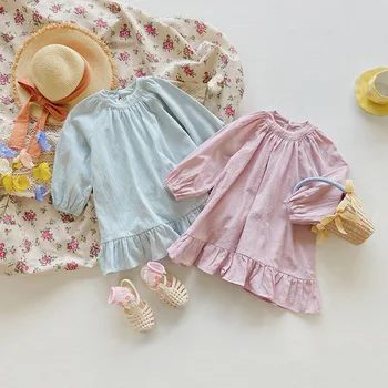 Корейската детски дрехи, Хубава рокля за малки момичета, универсално памучно ежедневното рокля за деца с дълги ръкави, однотонное безплатно детско рокля