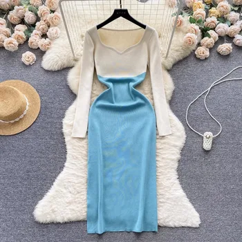 Корейското луксозно плетене за жените с квадратни яка и дълъг ръкав в стил мозайка, дебнещ рокля, Винтажное елегантна рокля с миризмата от бедрата, директна доставка