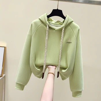Кратък пуловер с качулка, женски пролетно-есенния тънък топ в свободно модерен стил с бродерия в западен стил, малък топ
