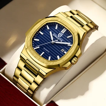 Луксозна марка QINGXIYA, златна каишка от неръждаема стомана, Моден кварцов часовник със син циферблат за мъже, водоустойчиви, светещи Relogio Masculino
