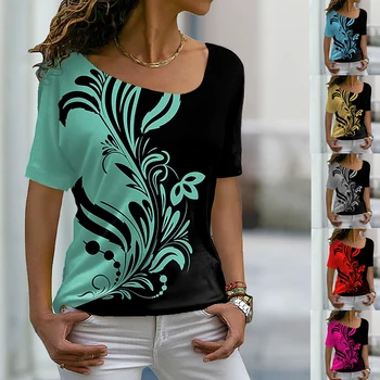 Лятна Дамска тениска 2024 с абстрактно стръмен принтом, с къс ръкав, Женски Случайни пуловер с кръгло деколте, Елегантен Модерен потник, тениска Оверсайз
