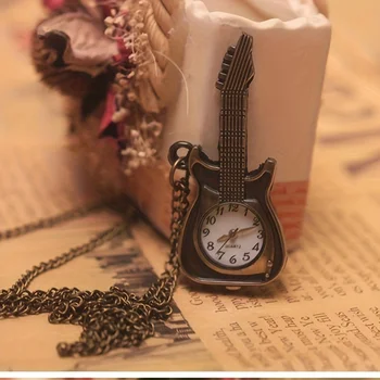 Модел китара-тръби в стил steampunk, кварцов джобен часовник, колие, висулка, подарък за мъже, жени и деца