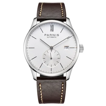 Модерен мъжки механични часовници Parnis 41,5 мм с бял циферблат, Кожена каишка, Календар, Луксозни Водоустойчив Автоматично мъжки ръчен часовник, подарък