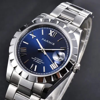 Модерен Мъжки часовник Parnis 39,5 мм, със син циферблат, Автоматични механични часовници, корпус от неръждаема стомана, Календар, Спортни мъжки часовници reloj hombre