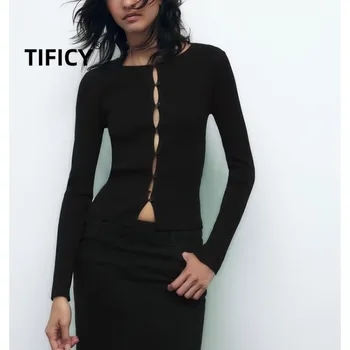 Модерен нов дамски Моден монтиране на талията Тънка вязаный жилетка, однобортный черен пуловер