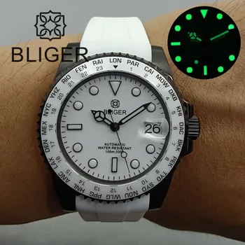 Мъжки автоматичен часовник BLIGER 40 мм NH35A, Бял керамичен bezel, черно PVD-калъф, Зелена каишка от каучук с нажежен дата