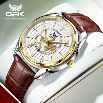 Мъжки кварцов часовник OPK, класически случайни модерен мъжки дишаща кожена каишка, оригинални бизнес водоустойчив светещи мъжки часовник