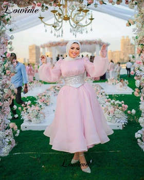 Мюсюлманските Розови рокли за бала с Дължина до чай, Големи Размери, Дълги ръкави, Рокли за гостите на сватбата си с колан, Празнична рокля за рожден ден