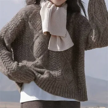 Нежно и сладко Есенно-зимния корейски випуск 2023, Ретро вязаный обикновен пуловер с дълъг ръкав за жени