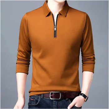 Нова мъжки однотонная риза с къси ръкави с ревери, поло Риза с дълъг ръкав, яка с цип, Мода пролет-есен тънка риза, ежедневни свободни топове