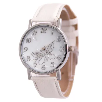 Нови дамски часовник с релефна във формата на пеперуда, Модерен часовник с бяла кожена каишка, Кварцов часовник с кръгла циферблат За жени Reloj Mujer