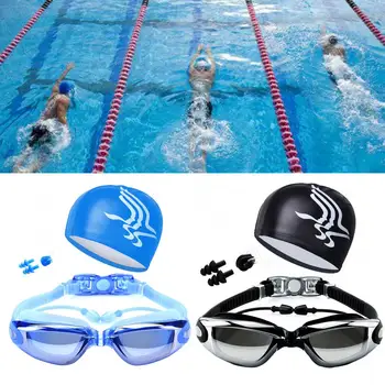 Очила за плуване С шапка, затычкой за уши, щипка за нос, Костюм със защита от замъгляване, UV защита, Удобни Регулируеми водоустойчив очила за плуване 수경모