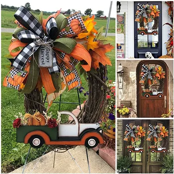 Ретро венец от тиква за камион в селски стил-семпъл интериор, творчески венец на Хелоуин, Украса за Хелоуин в фермерска къща, Венец за рамката на вратата
