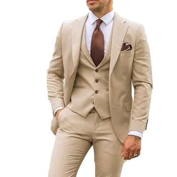 Сватбени смокинги младоженеца цвят Каки, 3 предмет, мъжки брючные костюми на британския Soild цвят, блейзър, за бала, връхна дреха (яке + жилетка + панталони)
