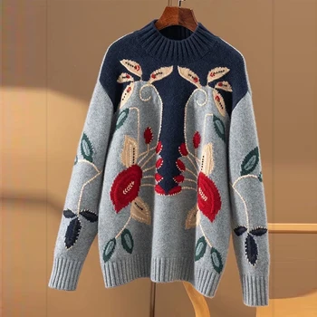 Свободен вязаный пуловер с бродерия и полувысоким яка, есен-зима, нов сгъсти топъл женски случайни пуловер, пуловер, топ