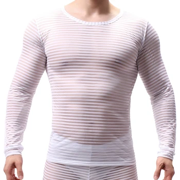 Секси Мъжки тениски в лента от прозрачна мрежа с дълъг/къс ръкав, дишащи спортни тениски, Блузи, Удобни Мъжки тениски за дома