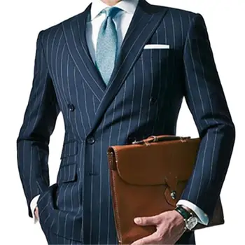 Тъмно сини мъжки костюм на райета, комплект от 2 теми (яке + панталон, изработена по поръчка, мъжко сако, панталони, ушити по поръчка, двубортные бизнес мъжки костюми