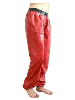 Червени и черни Секси латексови пижамные панталони с копчета отпред, гумени панталони Отдолу